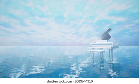 Surreal sea scene with white piano on the water at dusk with blue tones. 3d illustration.