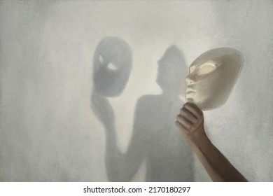 surreal shadow on the wall of a person who takes off the mask from his face, concept of truth and fiction