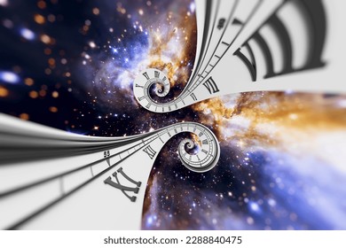 Surreal spiral clock in space. Concept of time, space, time travel. Elements of this image furnished by NASA. 3D Illustration