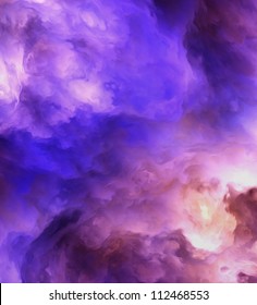 Surreal, stormy clouds shading from dark purples and reds to light blues and yellows symbolizing a range of concepts such as creation, the birth of stars, or an ominous maelstrom.