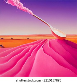 A Surreal Sweet Pink Landscape With A Giant Spoon Trailing Pink Sweetness. Omage To Australian Desert Landscape And Musk Sticks And All Pink Desserts And Lollies.