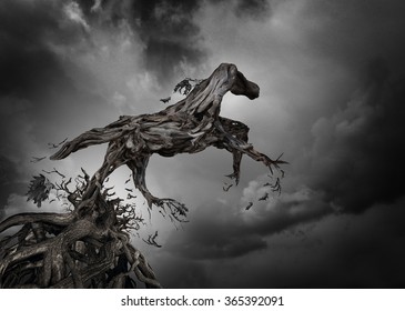 Surreal Tree Horse As The Roots Of Trees Shaped As A Pure Breed Stallion Breaking Free From Constraints To Break Free And Move Forward As A Motivation For Independent Spirit Of Freedom And Power.