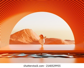 Surreal view from the orange planet with astronaut or alien in total harmony and beautiful 3D rendering mountains view. Dream or Metaverse travelling to surreal places