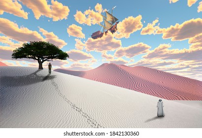 Surreal White Desert With Figure In Cloak. Man In A Distance. Ancient Ship In The Sky. 3D Rendering