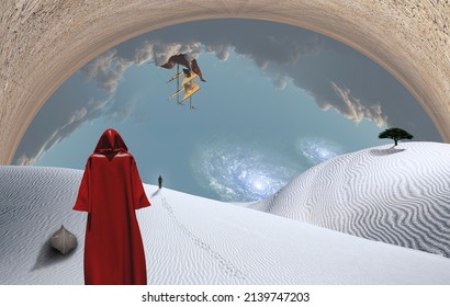 Surreal White Desert With Figure In Cloak. Man In A Distance. Ancient Ship In The Sky. 3D Rendering