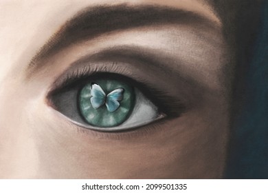 Surreal Woman With Butterfly On The Iris Of The Eye