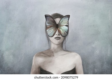 surreal woman's face covered by a colorful butterfly