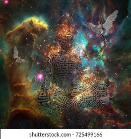 Surrealism. Figure of man with maze pattern in lotus pose in flames. Naked men with wings represents angels. 3D rendering. Some elements provided courtesy of NASA.