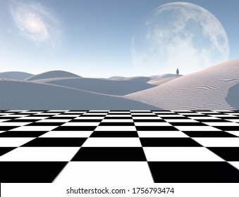 Surrealism. Lonely traveler in the white sands dune. Chess board. 3D rendering