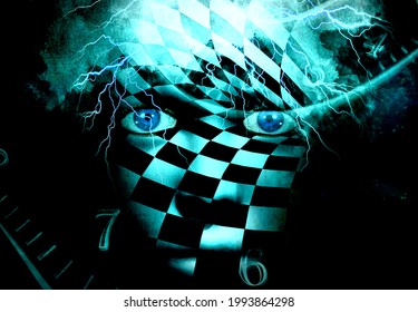 Surrealism. Woman's Face With Checkered Pattern. Spirals Of Time. 3D Rendering.