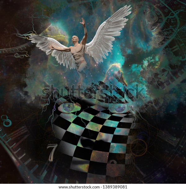 Surrealism Woman S Face With Checkered Pattern In Vivid Universe Spirals Of Time Naked Man