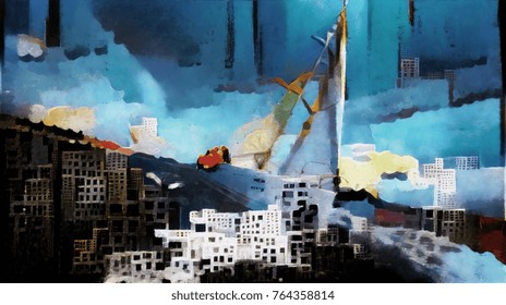 Surrealist Paintings Yacht In The City. Abstraction Done In Oil On Canvas With Elements Of Pastel Painting. Primitive Cubism Style Of Picasso And Georges Braque