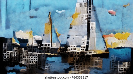 Surrealist paintings yacht in the city. Abstraction done in oil on canvas with elements of pastel painting. Primitive in the style of Picasso and Georges Braque.