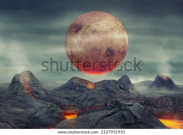 Surrealistic art concept design. Planet\
venus hovers over volcanic stone landscape. Abstract realistic 3d\
illustration.