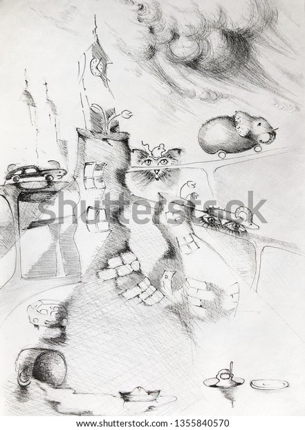 Surrealistic Drawing Fantasy World Stock Illustration