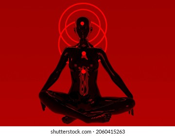 Surrealistic Goddess In A Lotus Pose With A Halos. The Concept Of A Chthonic Deity. 3D Illustration.