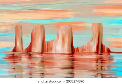 Surrealistic landscape artwork, oil painting on canvas. Tranquil water reflection, strange island. Artistic abstraction, azure, orange and terra cotta accents