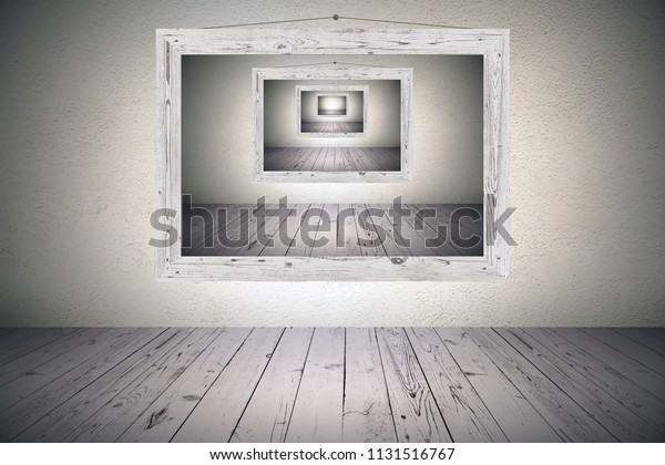 Download Ilustrasi Stok Surrealistic Optical Illusion Wooden Picture Frame 1131516767