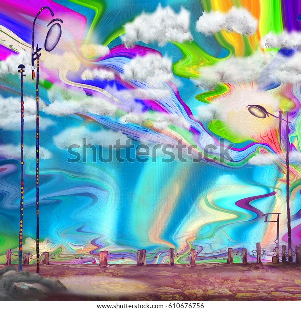 Surrealistic rainbow and clouds over the pier with\
old lamps