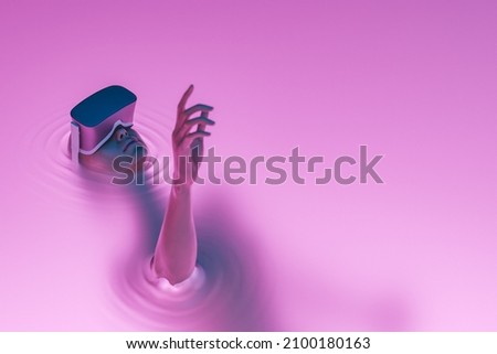 surrealistic scene of a girl with VR glasses immersed in liquid with neon lighting. metaverse concept, nft, creative art and technology. 3d rendering Stockfoto © 