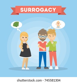 Surrogacy Illustration Concept. Gay Family Wait For A Baby With Surrogate Mother.