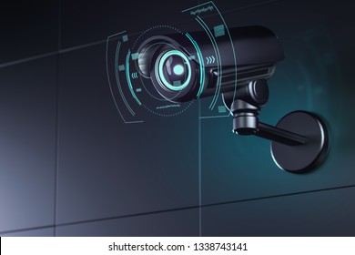 Surveillance camera on wall with futuristic interface around its lens as it analyzes surroundings. 3D rendering