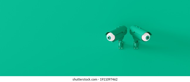 Surveillance Cameras Spying On People. No Secrets, No Privacy Concept. Cameras With Eyes On Green Background 3D Render 3D Illustration