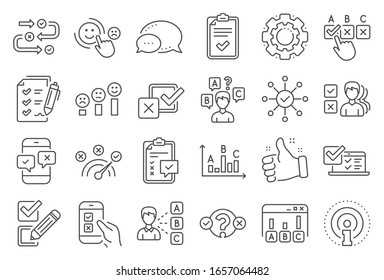 Survey, Report review line icons. Opinion, Customer satisfaction feedback and Test icons. Checklist review, Quiz and Business report symbols. Evaluation quiz, Feedback chart, Management.