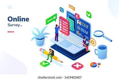 Survey or review, online social feedback or voting, exam at isometric office. People at internet poll or quiz, electronic exam choosing checkbox. Digital service or media rating. Client, customer info