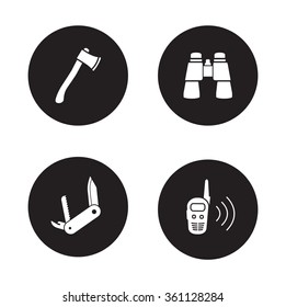 Survival equipment black icon set. Hiking and camping tools. Multifunction pocket knife and 2 way radio. Binoculars and ax circle symbols. Travel and expedition white silhouettes illustrations. Raster