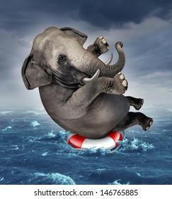 Surviving Adversity And Managing Risk For Big Business Challenges And Uncertainty With A Large Elephant Floating On A Life Preserver In A Storm Ocean Back Overcoming Fear Of Loss For Goal Success.