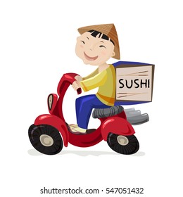 Sushi Or China Food Delivery Concept. Cartoon Character Japanese Boy Riding On Scooter Or Motorcycle, Delivering Fast Food. Asian Restaurant Service. Illustration Stock .