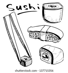 Sushi Collection Hand Drawing Sketch Illustration Stock Illustration ...