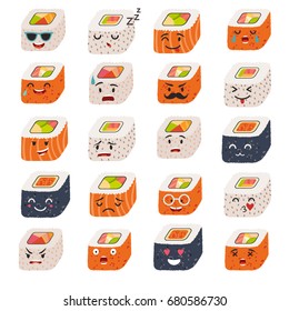 Sushi Emoji Set. Emoji Sushi With Faces Icons. Sushi Roll Funny Stickers. Food, Cartoon Style, Illustration Isolated On White Background