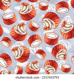 Sushi maki philadelphia with cream cheese and caviar. Rolls seamless pattern. Watercolor illustration on a delicate lilac background. Asian cuisine. For packaging design, menu, print, wallpaper.
