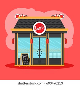 Sushi Restaurant Front View On Red Background. Illustration