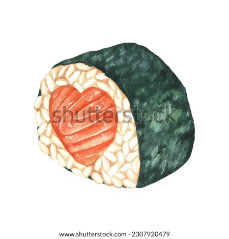 Sushi roll with salmon fish. Asian, Japanese, Korean food. Watercolor illustration. Clip art isolated on a white background. Cuisine of different countries drawn by hand. To restaurant menu designs