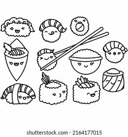 Sushi Rolls Kawai Style Line Illustration Stock Illustration 2164177015 ...