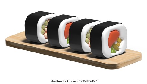 Sushi Rolls on a Wooden Board. Sushi Illustration with Salmon and Cucumber in 3D Realistic Style. Asian Food Menu on a Wooden Serving Plate in White Background. Japanese Cuisine. - Powered by Shutterstock