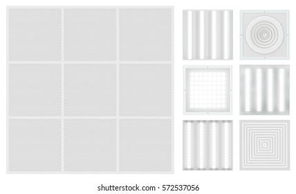 Suspended cassette ceiling with lattice. Set for a modular ceiling - lamps and ventilation grids. Isolated seamless texture on white background. Top view. 3D rendering.