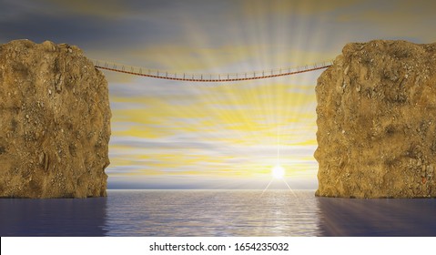 Suspension bridge between two rocks on the background of sea sunset. 3d render.