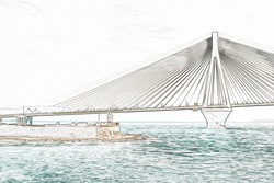 Suspension Bridge Crossing Corinth Gulf, Pencil Digital Art Illustration.