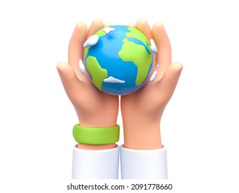 Sustain earth concept: Human hands holding global over white isolated background. Elements of this image furnished. Green Planet in Your Hands. Save Earth. Environment Concept. 3d render