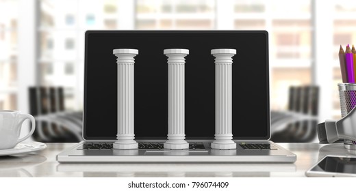 Sustainability Concept.Three Classical Pillars On A Computer, Blur Office Background. 3d Illustration