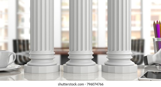 Sustainability Concept.Three Classical Pillars On An Office Desk, Blurred Background. 3d Illustration