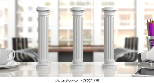 Sustainability Concept.Three Classical Pillars On An Office Desk, Blurred Background. 3d Illustration