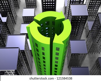 Sustainability Society Concept With Buildings In The Icon Of Recycling