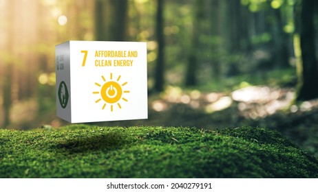 
Sustainable Development 7 Affordable And Clean Energy in Moss Forrest Background 17 Global Goals Concept Cube Design. 3D illustration