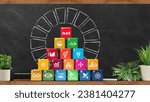 Sustainable Development global goals cube set intron of Blackboard in a School class room. Sustainable Education concept. Corporate social responsibility.