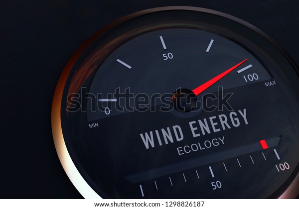 Sustainable Energies. Concept for the\
commonality between Wind energy and ecology. Speedometer\
symbolically displays the maximum on a scale. 3d\
rendering